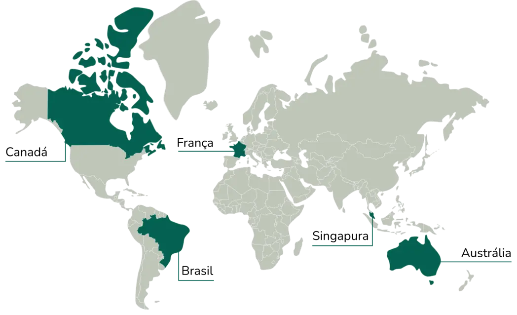 Mapa com atuação da Leadmedia: Canadá, Brasil, França, Singapura e Austrália